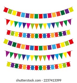 colored flags for decoration design. Festive banner. Party bunting decoration. Vector illustration. Stock image.