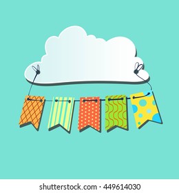 Colored flags for a holiday tied to the cloud on a blue background. Vector illustration.