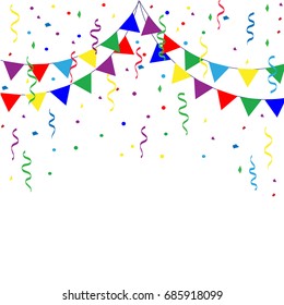 Colored flags on a rope. Festive background with confetti and ribbons. 
Vector illustration