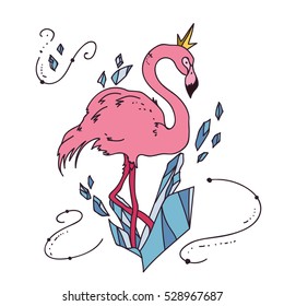 Colored flamingo logo isolated on white background in fashion style. Cartoon concept art for textile, t-shirt print, magazine, book, website, banner, app and other design project. Vector illustration.