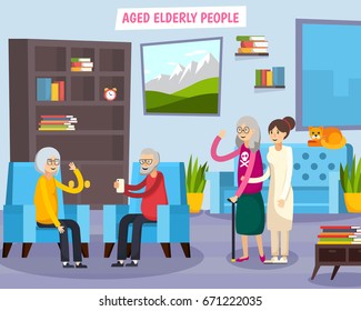 Colored flat aged elderly people orthogonal composition with group of people gathered together vector illustration