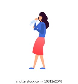 Colored flat and allergic design illustration, prophylaxis descriptions vector. Sick woman sneezing. 