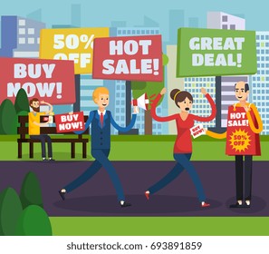 Colored flat annoying intrusive advertisement orthogonal composition advertiser pursues a potential buyer vector illustration