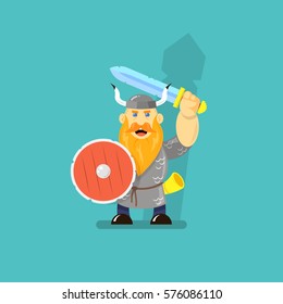 colored flat art cartoon illustration of a viking with sword and shield