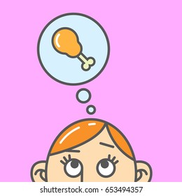 Colored flat art cartoon illustration of a thought about a chicken leg