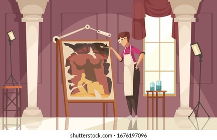 Colored and flat artist restorer painting composition working process of creative person vector illustration