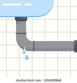 Colored flat background, vector design with shadow. Sink and broken pipe with leaking water. Illustration for sanitary engineering and repairs in house, bathroom, kitchen. Symbol of plumbing, sewerage