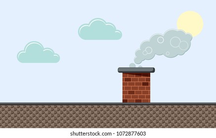 Colored flat background, vector design with shadow. Sky, clouds, sun and roof part with brick chimney pipe and smoke for illustration of house's part and roof.