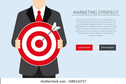 Colored flat background, vector design. Cartoon business man holding dart board with direct hit on target. Illustration for purpose in business, success, goal achievement, victory. Marketing strategy.
