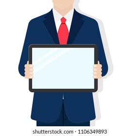 Colored flat background, vector design. Cartoon business man holding empty tablet. business, infographic, demonstrating images and display of information. Electronic tablet touchscreen.