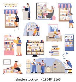 Colored flat book icon set with book store shelves readers buyers online store and publishing house vector illustration