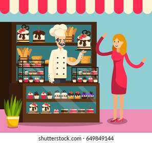 Colored flat Caf composition with employee behind the counter of cafe selling cakes to buyer vector illustration