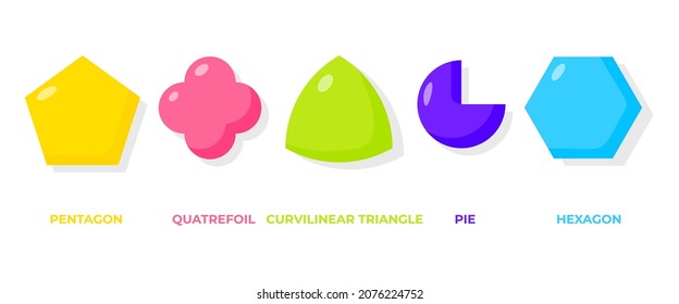 Colored flat cartoon geometric forms icon set. Basic math shapes with names pentagon, quatrefoil, pie, hexagon, curvilinear triangle. Geometry for school children Isolated on white vector illustration