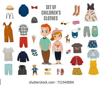 Colored Flat Children Fashion Big Icon Set With Set Of Children Clothes Headline Vector Illustration