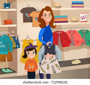 Colored flat childrens clothing store composition with mother and daughter try on clothes vector illustration