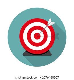 Colored flat circle with arrow and shadow. Illustration of target hit game, active sport, archery, darts, purpose in business. Target flat vector icon.