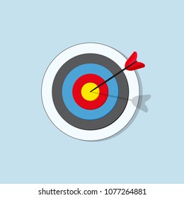 Colored flat circle with arrow and shadow on color background. Illustration of target hit game, active sport, archery, darts, purpose in business. Target flat vector icon.
