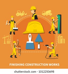 Colored and flat construction worker composition with finishing construction works steps description vector illustration