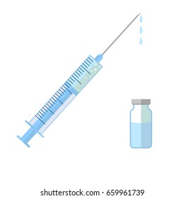 Colored flat design medical plastic syringe with blue liquid needle,  isolated on white background.  