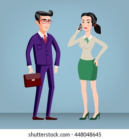 Colored flat design style illustration of business people - man and woman - dressed in suits. Isolated on stylish background. For infographics, banners and printed materials. vector art