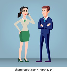 Colored flat design style illustration of business people - man and woman - dressed in suits. Isolated on stylish background. For infographics, banners and printed materials. vector art