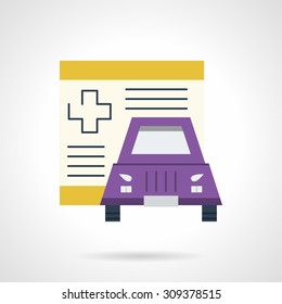 Colored flat design vector icon for driver health insurance. Insurance document paper and purple car. Design element for business, logo and website.
