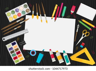 Colored flat design vector illustration of art supplies and art instruments