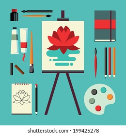 Colored flat design vector illustration icons set of art supplies, art instruments for painting, drawing, sketching isolated on bright stylish background