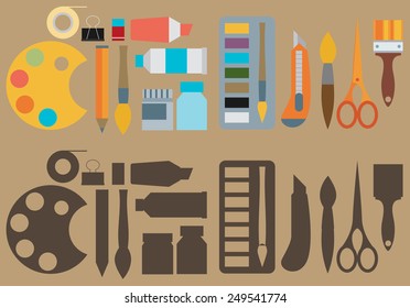 Colored flat design vector illustration icons set of art supplies, art instruments for painting, drawing, sketching isolated on bright stylish background