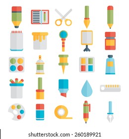 Colored flat design vector illustration icons set of art supplies, art instruments for painting, drawing, sketching