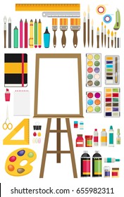 Colored flat design vector illustration icons set of art supplies, art instruments for painting, drawing, sketching isolated on bright stylish background