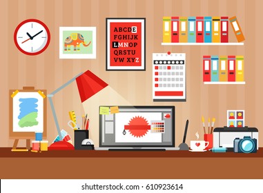 Colored and flat designer workplace composition with office space and table with attributes vector illustration