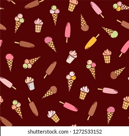 Colored flat drawings on a dark red field. Horn and Popsicle. Vector pattern. 