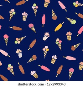 Colored flat drawings on a dark blue field. Horn and Popsicle. Vector pattern. 