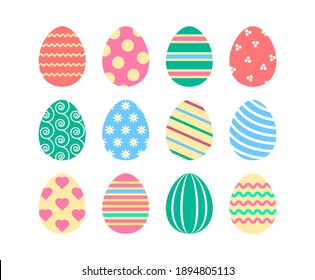Colored flat Easter eggs with funny patterns. Spring holiday set for decoration. Isolated vector icons on white background. Colorful eggs collection