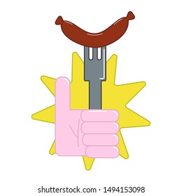 Colored flat emblem - hand with thumbs up and with sausage on a fork in the background from a yellow flash