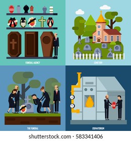 Colored and flat funeral services icon set with funeral agency cemetery crematorium descriptions vector illustration