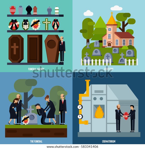 Colored and\
flat funeral services icon set with funeral agency cemetery\
crematorium descriptions vector\
illustration