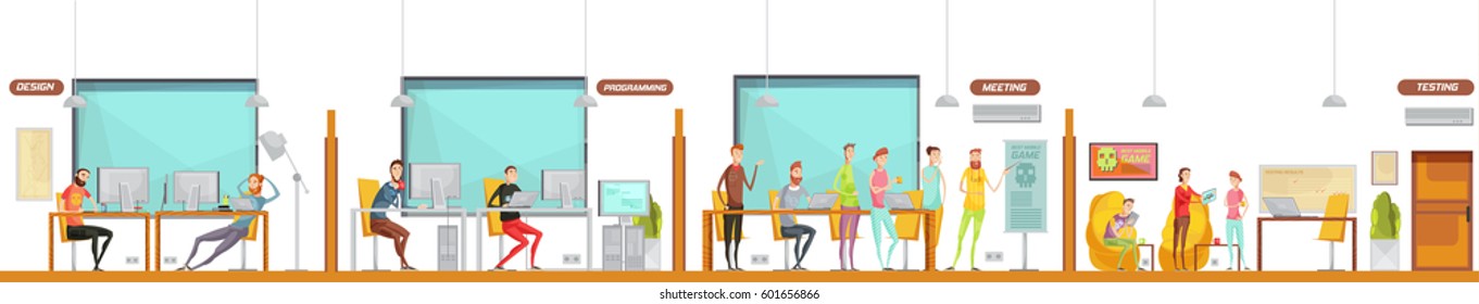 Colored flat game development office composition with workflow of designers and creators vector illustration