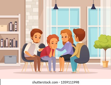 Colored and flat group therapy cartoon composition with psychotherapy session in classroom vector illustration