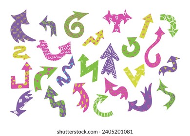 Colored flat hand drawn textured arrows set. Vector isolated signs with colored scribbles, lines, semicircle, curves on white background