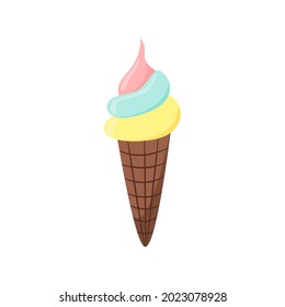 Colored flat icon with an ice cream cone. Summer mood. Element, clipart, object, item for sticker, logo, label, emblem. For an ice cream maker, a seller of cold snacks, a summer festival or a fair.