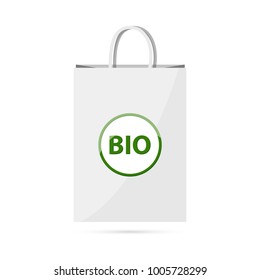 Colored flat icon, vector design with shadow. Empty white paper bag mockup with text BIO. Illustration for packing, bag with handles and shopping. Symbol of Shopping cart in online store