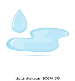 Colored flat icon, vector design with shadow. Puddle of water with drop. Illustration for liquid, water, rain and dampness. Symbol of aqua