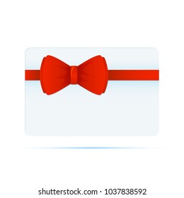 Colored flat icon, vector design with shadow. Rectangle card with red bow and tape for gift certificate present, celebration and congratulation