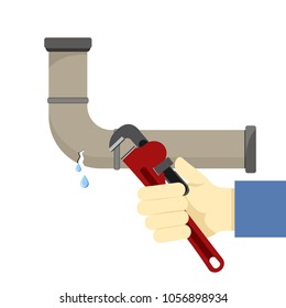 Colored Flat Icon, Vector Design. Broken Pipe With Leaking Water And With Hand Holding Wrench. Illustration For Sanitary Engineering And Repairs In House, Bathroom, Kitchen, Plumber.