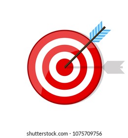 Colored flat icon, vector design with shadow. Red circle with arrow. Illustration of target hit game, active sport, archery, darts, purpose in business.