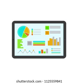 Colored flat icon, vector design with shadow. Tablet with statistical diagrams. Illustration for statistics, economy, business, infographic. Electronic tablet touchscreen.