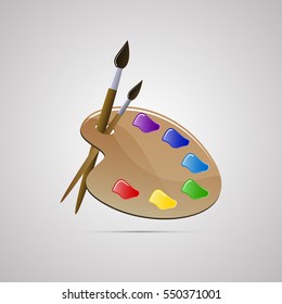 Colored flat icon, vector design. Artist's palette with brush for illustration of painting art, painting materials and  school supplies. Symbol of creation and painting lessons