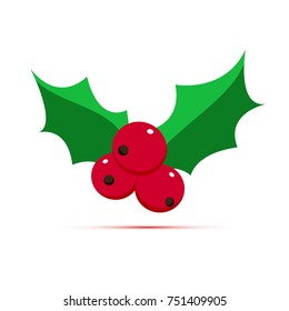 Colored flat icon, vector design with shadow. Cartoon holly. Illustration for winter plant and nature. Symbol of Christmas and New Year holidays